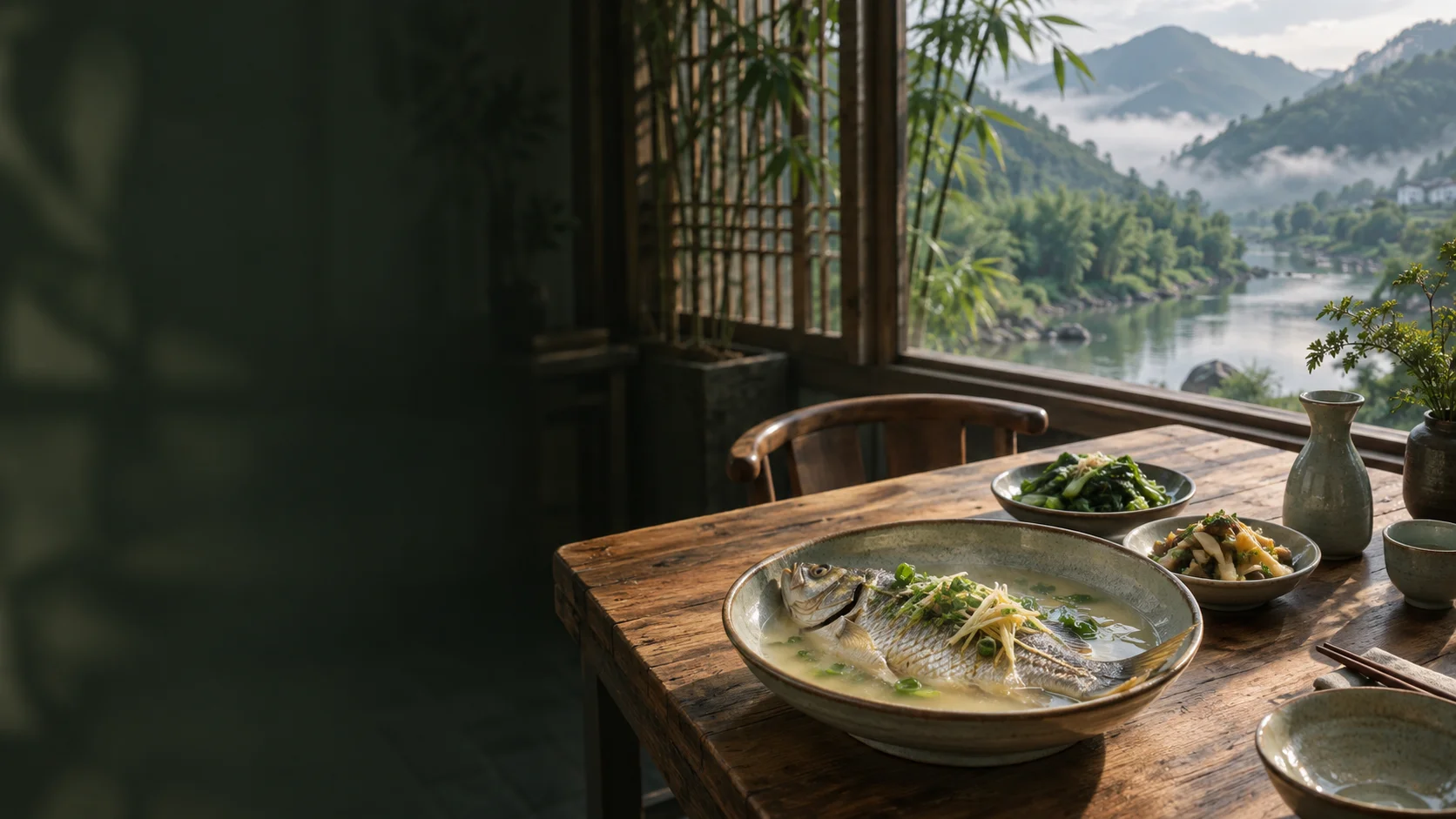 AI生成的开化鱼菜意境:山水窗景、木桌与清水鱼